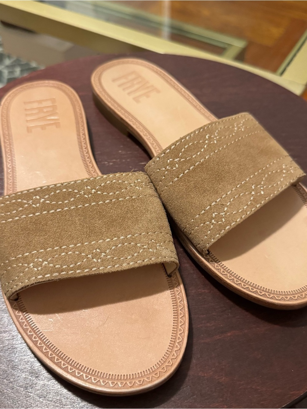 Frye Tan Suede Slide Sandals with Stitched Band